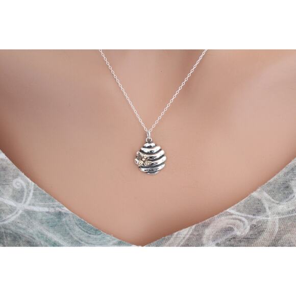 Sterling Silver Beehive Charm with Bronze Bee Silver Beehive Necklace - Picture 3 of 4